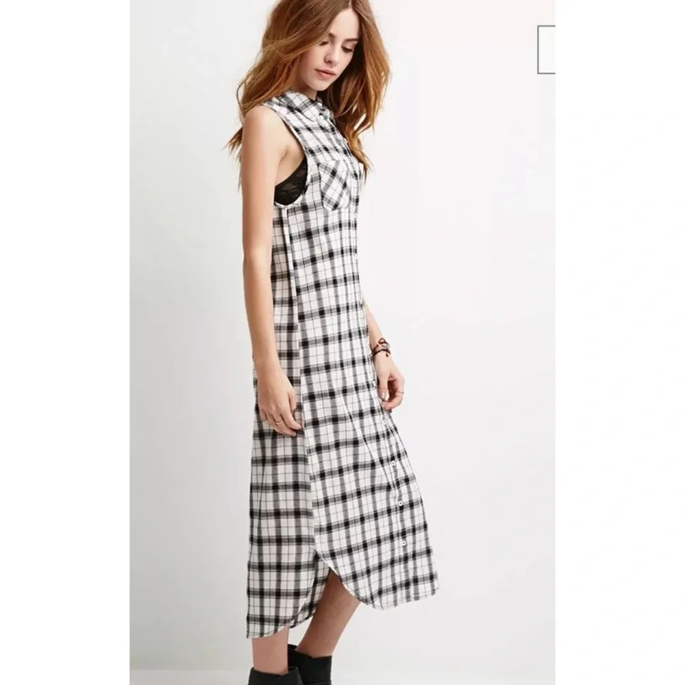 Forever 21 Black White Plaid Midi Shirt Dress_3